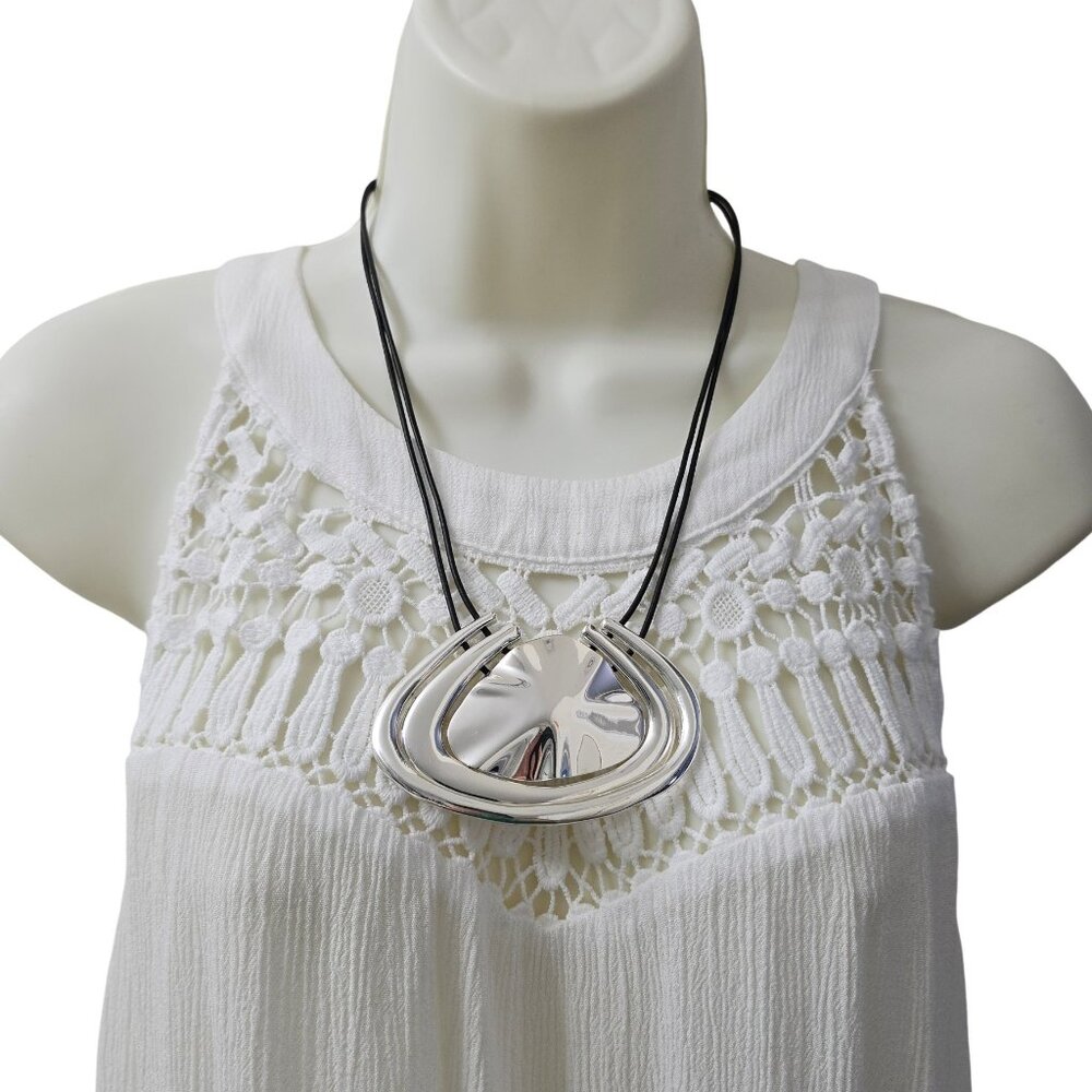 Chico’s Silver Tone Oversized Geometric Medallion Statement Necklace Black Cord